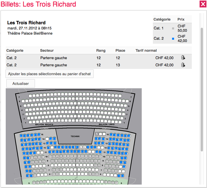 Page d'achat de billets pour un spectacle