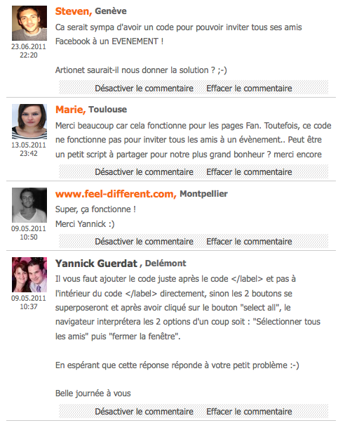 Page de commentaires du module guestbook